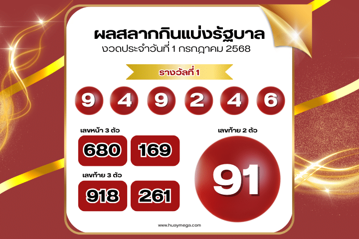 ผลสลากกินแบ่งรัฐบาลงวดวันที่ 1/7/2568 – ตรวจหวย