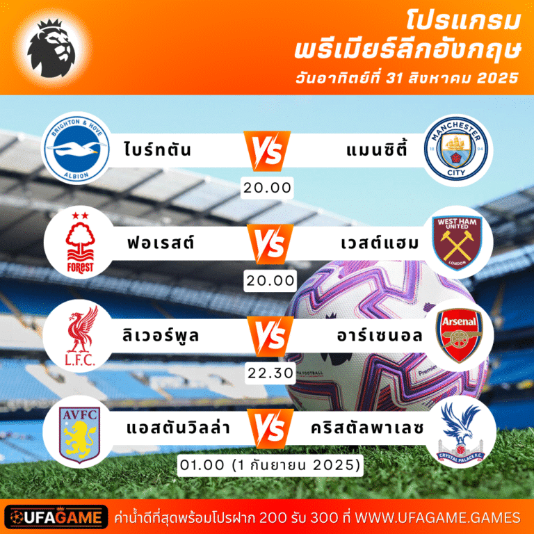 โปรแกรมพรีเมียร์ลีก อังกฤษ วันอาทิตย์ที่ 31 สิงหาคม 2025 | บิ๊กแมตช์ ลิเวอร์พูล พบ อาร์เซนอล